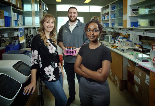 三个攻读人类遗传学博士学位的学生站在两个实验工作台之间