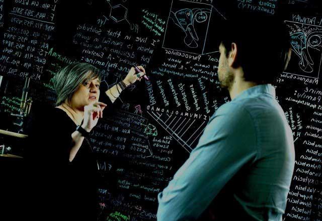 研究人员用粉笔在黑板上写字，并与同事交谈. 